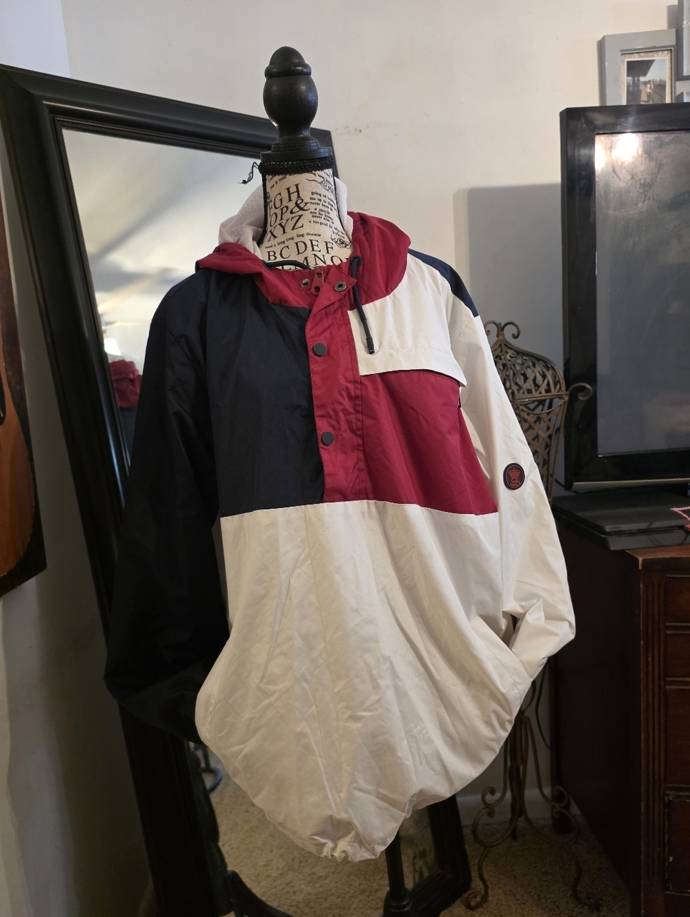 Men's Colorblock Hooded Windbreaker Jacket - Red, Black & White